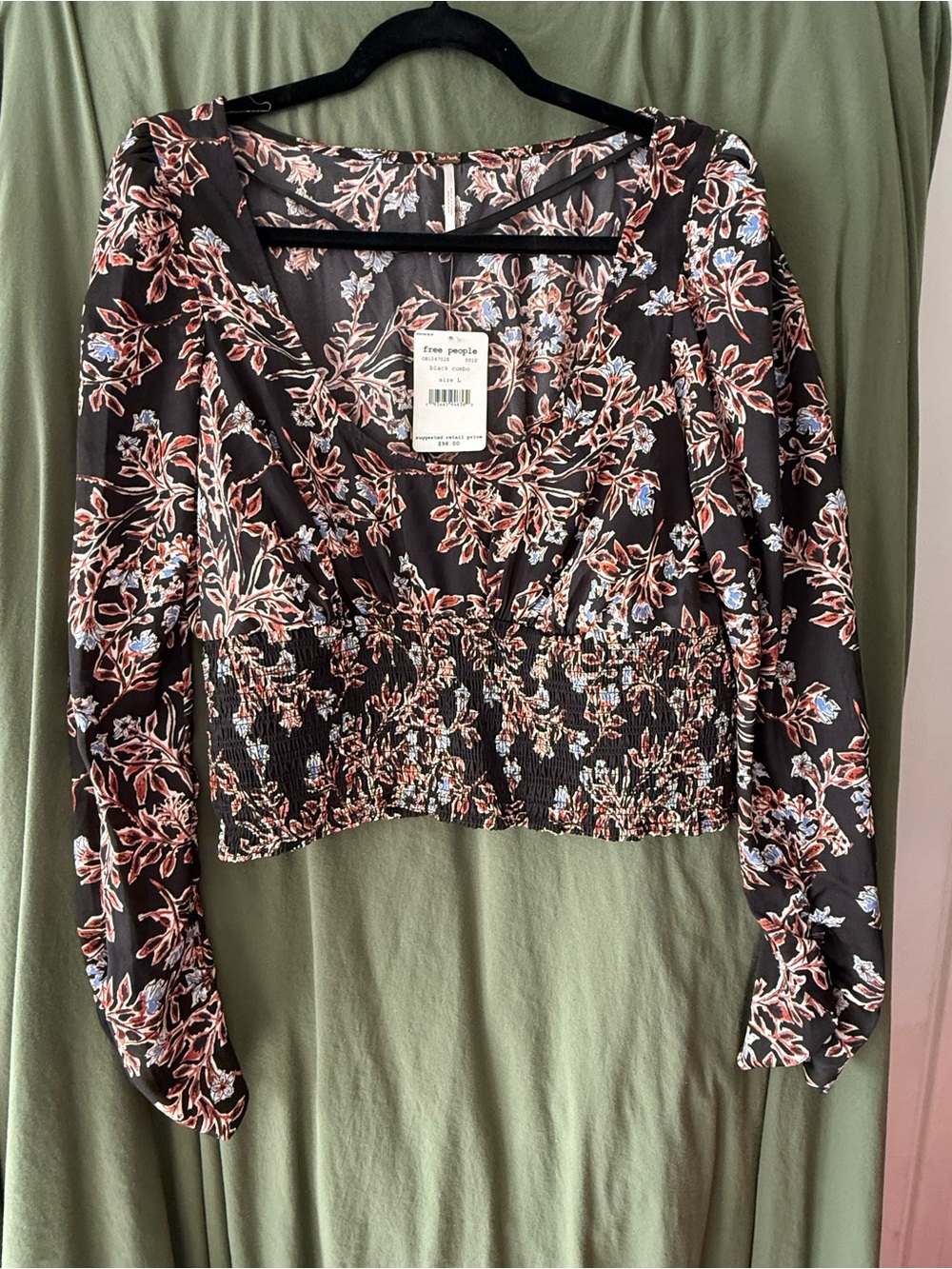 Free People Black Floral Smocked Long Sleeve Crop Top sz L